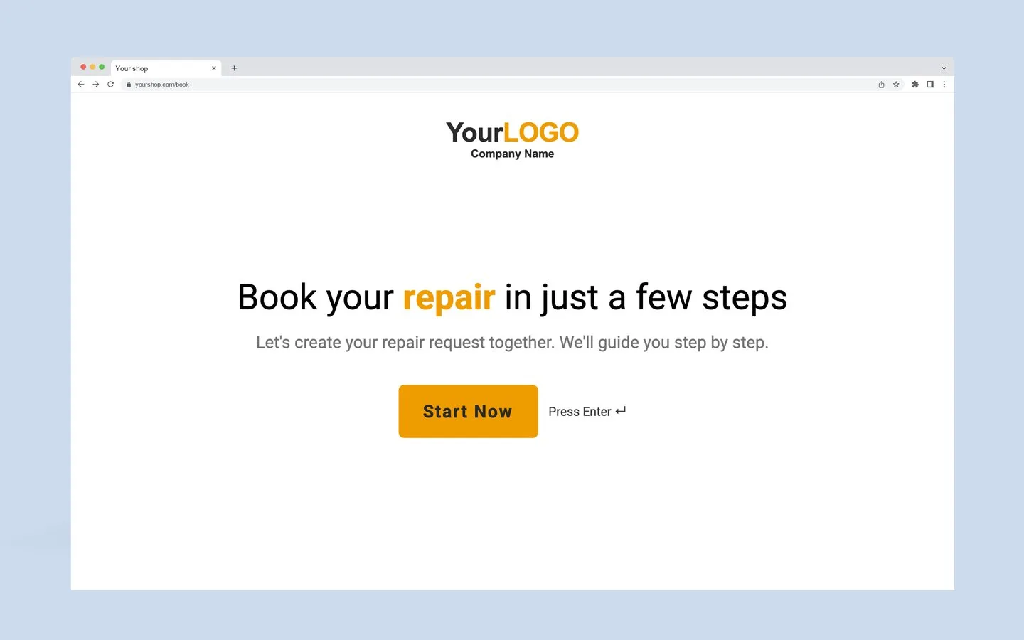 A shop's booking form built with the RepairCMS Form Builder, open in a browser: Book your repair in just a few steps, with a Start Now button